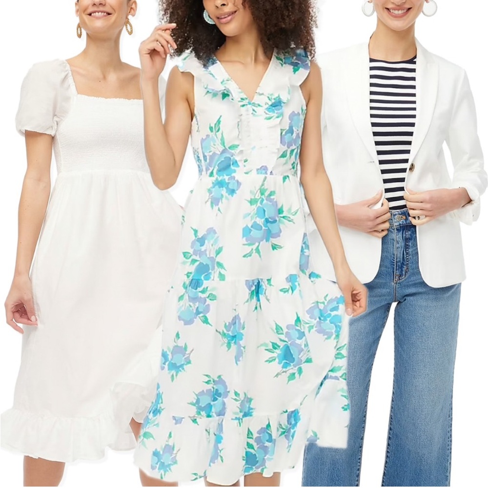 J. Crew White Dress with Blue and Green Floral Pattern